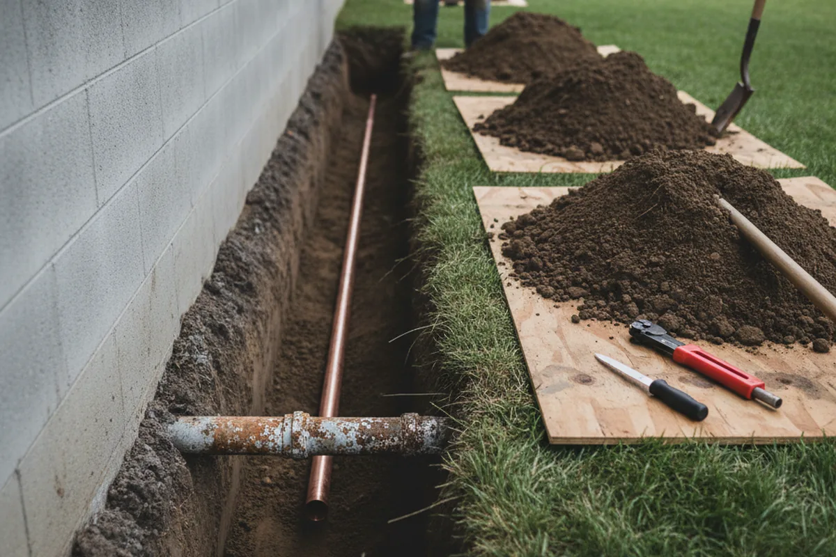 Excavated water line trench during Sewer Line Repair in Valley City